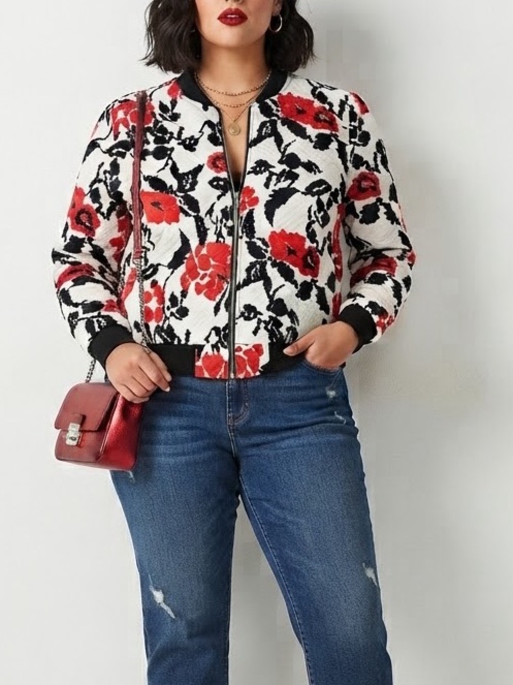 β¨ GIRLS ON FILM Womenβs Floral Bomber Jacket πΈ Red Black White Quilted Zip Upπ - Picture 1 of 7